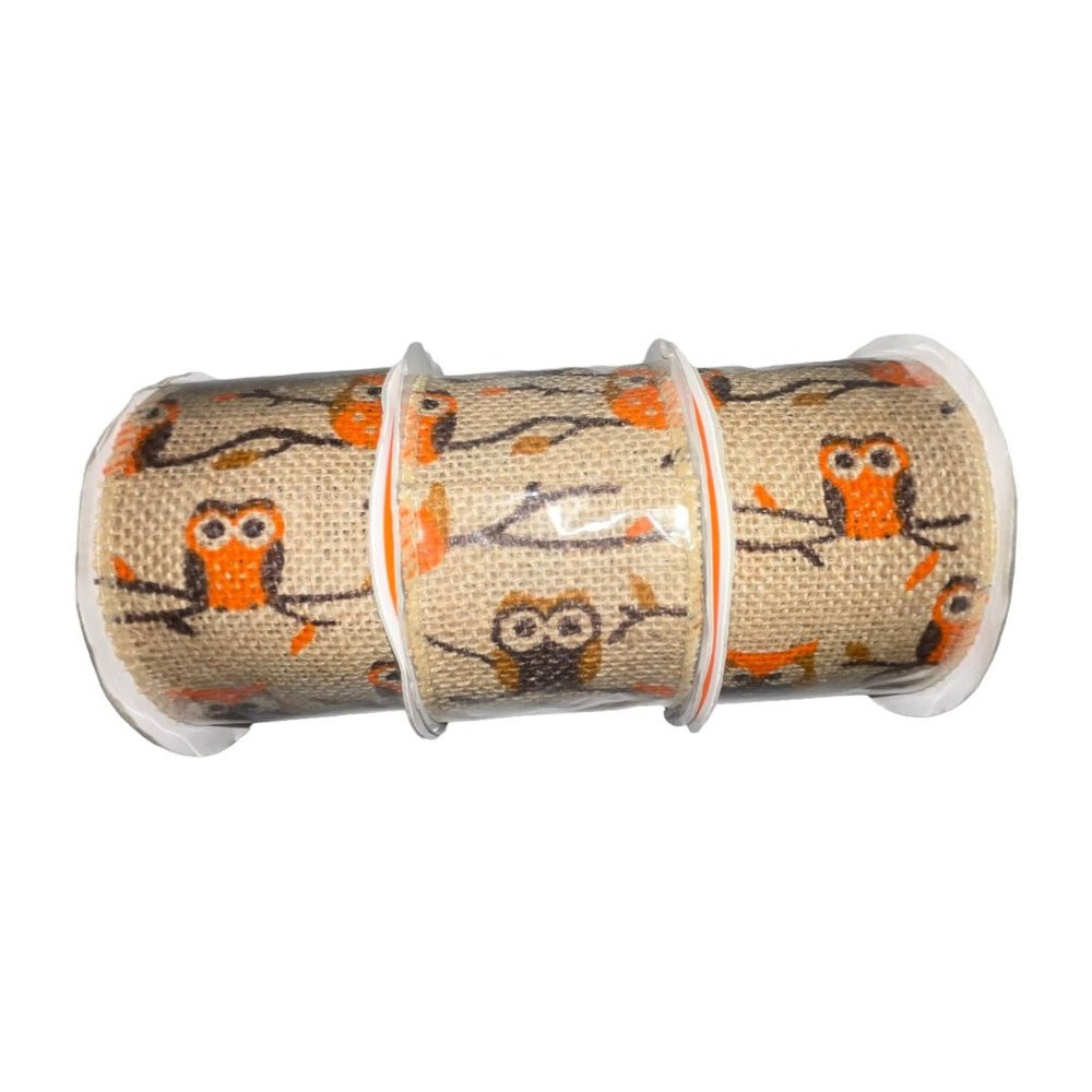 NWT 3 Spools Wired Burlap Ribbon Owl Branch Fall Thanksgiving Jute 2.5" 15 Ft